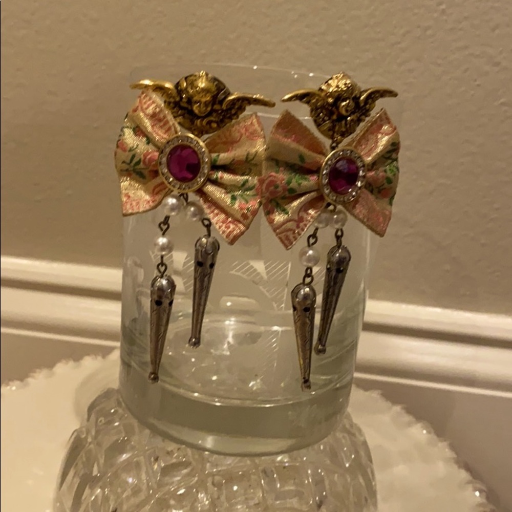 Vintage Gold and Silver Bow Earrings with Pink Accents
